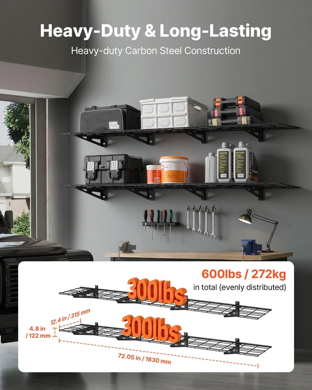 Alt view image 2 of 8 - VEVOR 2-Tier Heavy Duty Wall Garage Shelving, 4 Pack 1 x 3 ft Steel Wall Mounted Shelving Unit, 12 x 72 Inch Per Shelf Floating Storage Metal Rack for Garage with 600 lbs Total Weight Capacity, Black