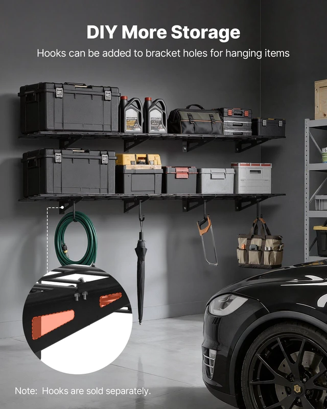 Alt view image 6 of 8 - VEVOR 2-Tier Heavy Duty Wall Garage Shelving, 4 Pack 1 x 3 ft Steel Wall Mounted Shelving Unit, 12 x 72 Inch Per Shelf Floating Storage Metal Rack for Garage with 600 lbs Total Weight Capacity, Black