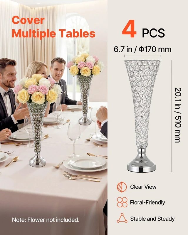 Alt view image 3 of 8 - VEVOR 4 PCS Crystal Wedding Flower Vase, 20 in Tall Flower Table Centerpieces, Crystal Cylinder Banquet Vases Easy Installation, Versatile Arrangement Stand for Party Events Room Home Decor, Silver