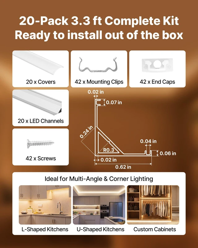Alt view image 4 of 8 - VEVOR 20-Pack 3.3 ft/1M V Shape LED Aluminum Channel, with Milky Cover, End Caps and Mounting Clips, Aluminum Profile for LED Strip Light Installations, Easy Installation, for Under Cabinet Counter