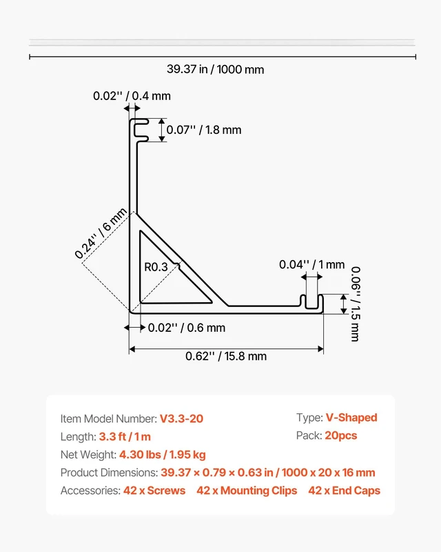 Alt view image 7 of 8 - VEVOR 20-Pack 3.3 ft/1M V Shape LED Aluminum Channel, with Milky Cover, End Caps and Mounting Clips, Aluminum Profile for LED Strip Light Installations, Easy Installation, for Under Cabinet Counter