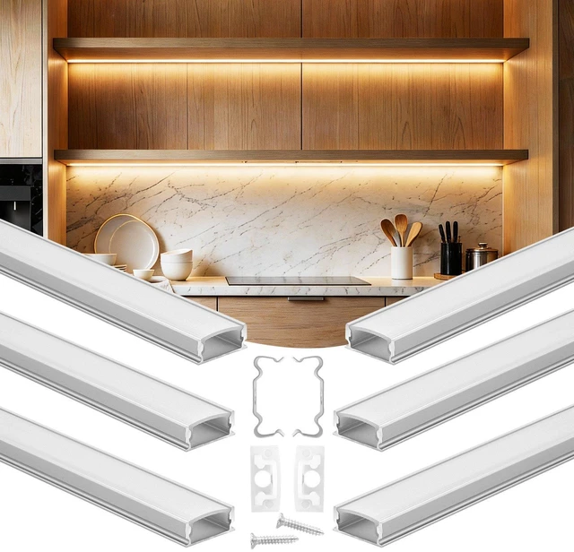 Main image of VEVOR 6-Pack 3.3 ft/1M U Shape LED Aluminum Channel, with Milky Cover, End Caps and Mounting Clips, Aluminum Profile for LED Strip Light Installations, Easy Installation, for Under Cabinet Counter