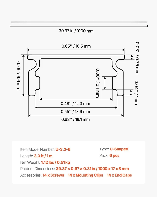 Alt view image 7 of 8 - VEVOR 6-Pack 3.3 ft/1M U Shape LED Aluminum Channel, with Milky Cover, End Caps and Mounting Clips, Aluminum Profile for LED Strip Light Installations, Easy Installation, for Under Cabinet Counter