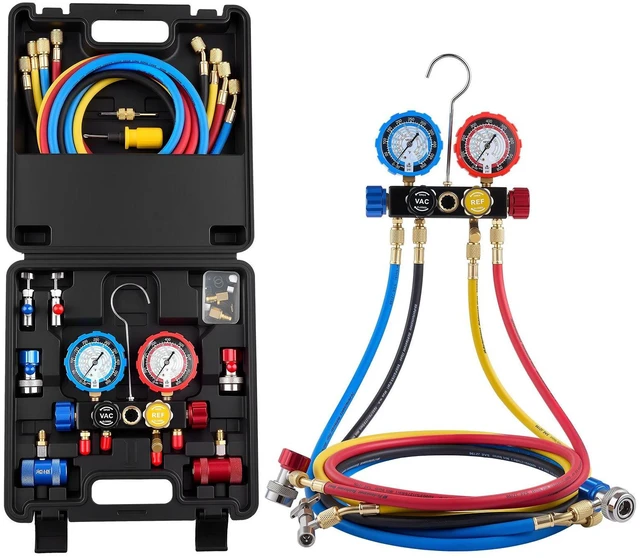 Main image of VEVOR AC Manifold Gauge Set for R134a R404A R1234yf R22 Refrigerant, 4 Way AC Gauge with 5 ft Hoses, Adapters, Quick Couplers, Can Taps for Automotive Air Conditioning Maintenance, Charging Evacuation