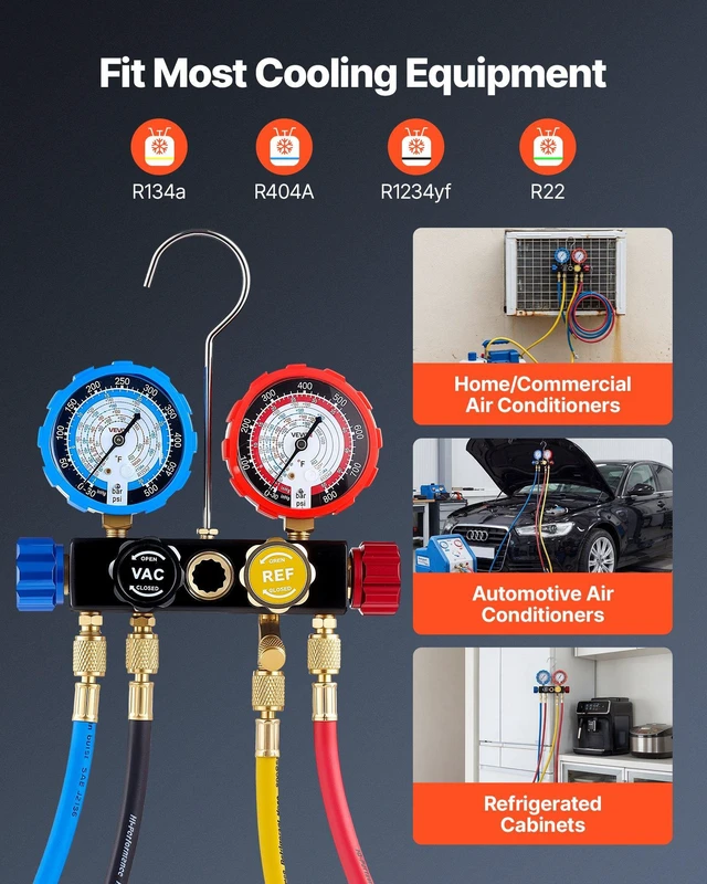 Alt view image 3 of 8 - VEVOR AC Manifold Gauge Set for R134a R404A R1234yf R22 Refrigerant, 4 Way AC Gauge with 5 ft Hoses, Adapters, Quick Couplers, Can Taps for Automotive Air Conditioning Maintenance, Charging Evacuation