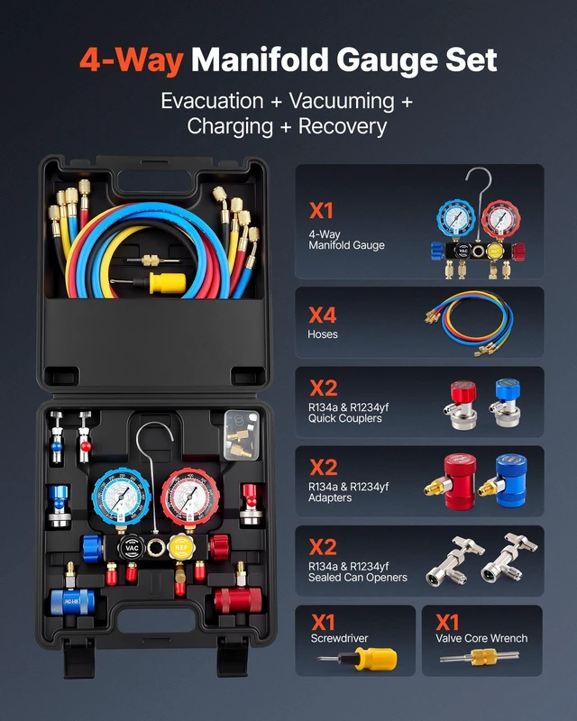 Alt view image 2 of 8 - VEVOR AC Manifold Gauge Set for R134a R404A R1234yf R22 Refrigerant, 4 Way AC Gauge with 5 ft Hoses, Adapters, Quick Couplers, Can Taps for Automotive Air Conditioning Maintenance, Charging Evacuation