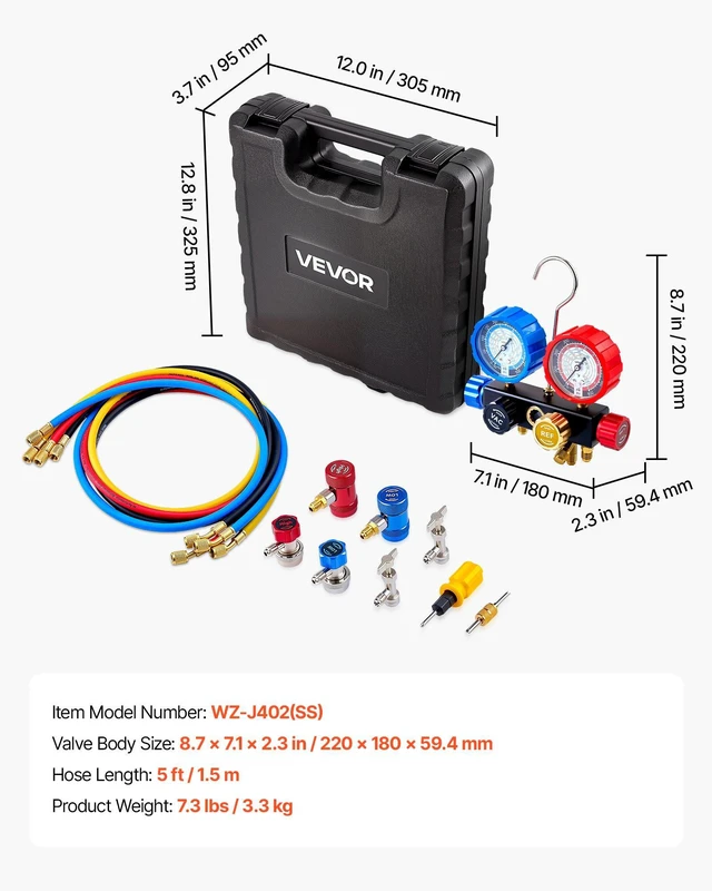 Alt view image 7 of 8 - VEVOR AC Manifold Gauge Set for R134a R404A R1234yf R22 Refrigerant, 4 Way AC Gauge with 5 ft Hoses, Adapters, Quick Couplers, Can Taps for Automotive Air Conditioning Maintenance, Charging Evacuation