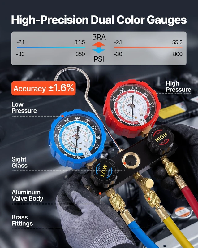 Alt view image 4 of 8 - VEVOR AC Manifold Gauge Set for R134a R404A R1234yf R22 Refrigerant, 3 Way AC Gauge with 5 ft Hoses, Adapters, Quick Couplers, Can Taps for Automotive Air Conditioning Maintenance, Charging Evacuation