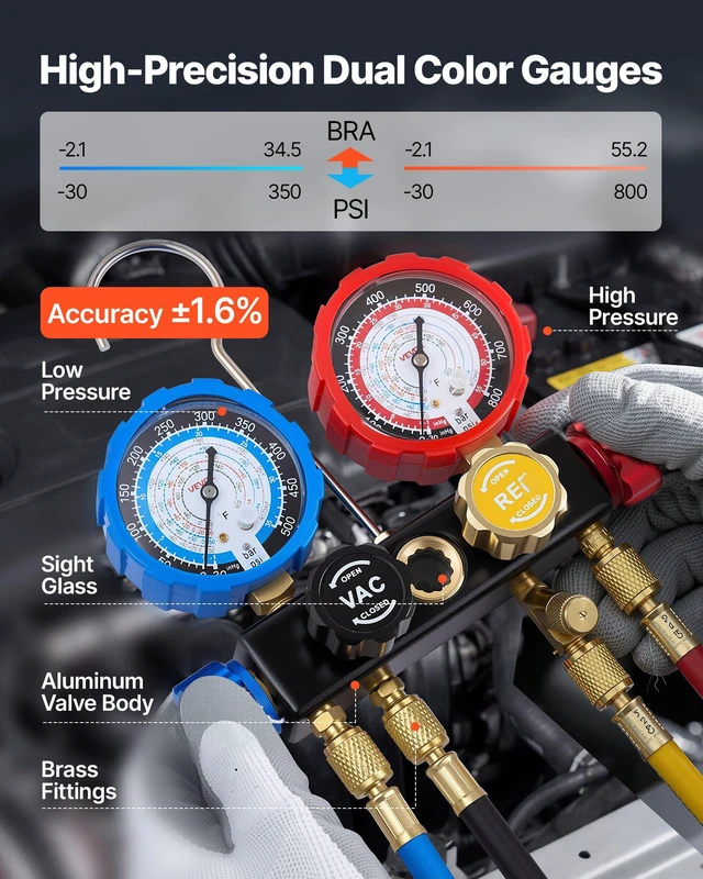 Alt view image 4 of 8 - VEVOR AC Manifold Gauge Set for R134a R404A R1234yf R22 Refrigerant, 4 Way AC Gauge with 5 ft Hoses, Adapters, Quick Couplers, Can Taps for Automotive Air Conditioning Maintenance, Charging Evacuation