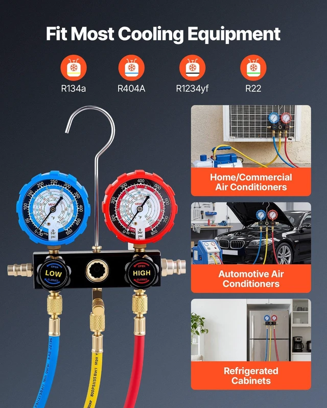 Alt view image 3 of 8 - VEVOR AC Manifold Gauge Set for R134a R404A R1234yf R22 Refrigerant, 3 Way AC Gauge with 5 ft Hoses, Adapters, Quick Couplers, Can Taps for Automotive Air Conditioning Maintenance, Charging Evacuation