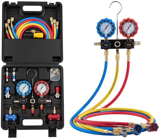 Main image of VEVOR AC Manifold Gauge Set for R134a R404A R1234yf R22 Refrigerant, 3 Way AC Gauge with 5 ft Hoses, Adapters, Quick Couplers, Can Taps for Automotive Air Conditioning Maintenance, Charging Evacuation