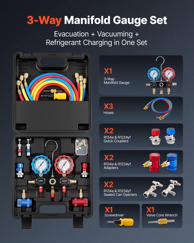 Alt view image 2 of 8 - VEVOR AC Manifold Gauge Set for R134a R404A R1234yf R22 Refrigerant, 3 Way AC Gauge with 5 ft Hoses, Adapters, Quick Couplers, Can Taps for Automotive Air Conditioning Maintenance, Charging Evacuation