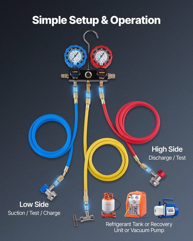 Alt view image 6 of 8 - VEVOR AC Manifold Gauge Set for R134a R404A R1234yf R22 Refrigerant, 3 Way AC Gauge with 5 ft Hoses, Adapters, Quick Couplers, Can Taps for Automotive Air Conditioning Maintenance, Charging Evacuation