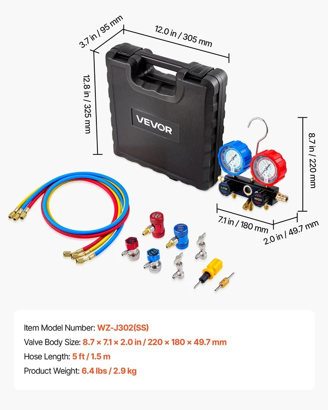 Alt view image 7 of 8 - VEVOR AC Manifold Gauge Set for R134a R404A R1234yf R22 Refrigerant, 3 Way AC Gauge with 5 ft Hoses, Adapters, Quick Couplers, Can Taps for Automotive Air Conditioning Maintenance, Charging Evacuation