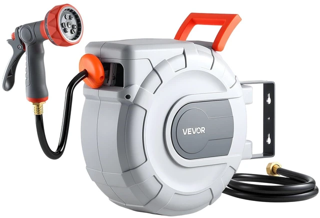 Main image of VEVOR Retractable Garden Hose Reel, 1/2 in x 50 ft, Wall Mounted Hose Reel with 9-Function Sprayer Nozzle and 180° Swivel Bracket, Any Length Lock, Automatic Slow Rewind System, for Garden Watering