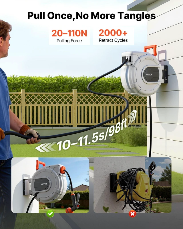 Alt view image 3 of 8 - VEVOR Retractable Garden Hose Reel, 1/2 in x 50 ft, Wall Mounted Hose Reel with 9-Function Sprayer Nozzle and 180° Swivel Bracket, Any Length Lock, Automatic Slow Rewind System, for Garden Watering