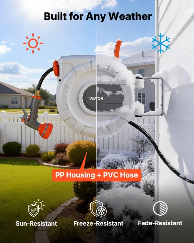 Alt view image 4 of 8 - VEVOR Retractable Garden Hose Reel, 1/2 in x 50 ft, Wall Mounted Hose Reel with 9-Function Sprayer Nozzle and 180° Swivel Bracket, Any Length Lock, Automatic Slow Rewind System, for Garden Watering