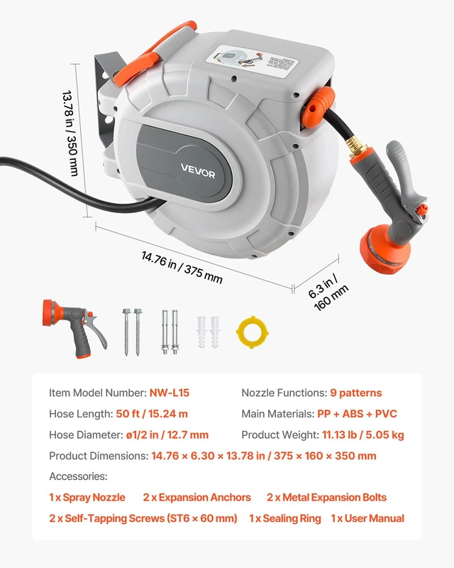 Alt view image 7 of 8 - VEVOR Retractable Garden Hose Reel, 1/2 in x 50 ft, Wall Mounted Hose Reel with 9-Function Sprayer Nozzle and 180° Swivel Bracket, Any Length Lock, Automatic Slow Rewind System, for Garden Watering