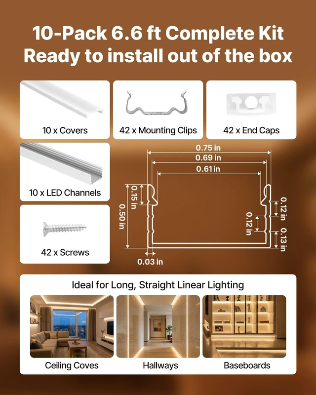 Alt view image 4 of 8 - VEVOR 10-Pack 6.6 ft/2M Plus-Size U Shape LED Aluminum Channel, with Milky Cover, End Caps and Mounting Clips, Aluminum Profile for LED Strip Light, Easy Installation, for Under Cabinet Ceiling Coves