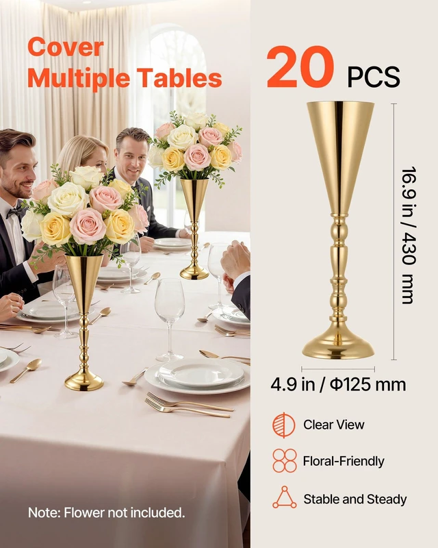 Alt view image 3 of 8 - VEVOR 20 PCS Wedding Flower Vase, 16.9 in Tall Trumpet Flower Table Centerpieces, Banquet Vases Easy Installation, Electroplated Versatile Arrangement Stand for Party Events Home Decor Reception, Gold