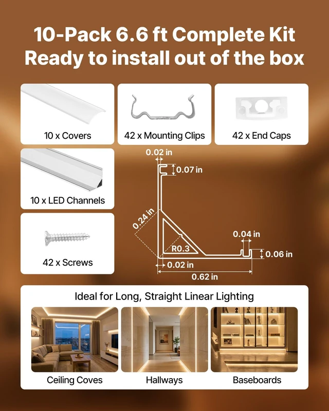 Alt view image 4 of 8 - VEVOR 10-Pack 6.6 ft/2M V Shape LED Aluminum Channel, with Milky Cover, End Caps and Mounting Clips, Aluminum Profile for LED Strip Light Installations, Easy Installation, for Under Cabinet Counter