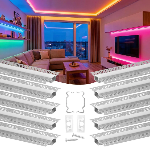 Main image of VEVOR Plaster-in LED Aluminum Channel, 10-Pack 6.6 ft/2M, Trimless Recessed Drywall LED Strip Diffuser Channel, with Milky Cover, End Caps and Mounting Clips, Aluminum Profile, for Wall and Ceiling