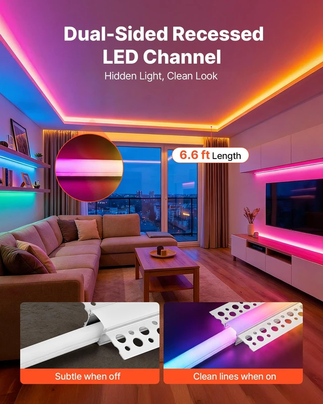Alt view image 2 of 8 - VEVOR Plaster-in LED Aluminum Channel, 10-Pack 6.6 ft/2M, Trimless Recessed Drywall LED Strip Diffuser Channel, with Milky Cover, End Caps and Mounting Clips, Aluminum Profile, for Wall and Ceiling