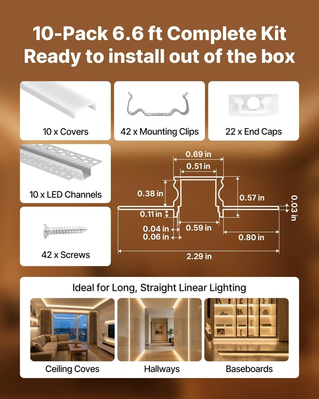 Alt view image 4 of 8 - VEVOR Plaster-in LED Aluminum Channel, 10-Pack 6.6 ft/2M, Trimless Recessed Drywall LED Strip Diffuser Channel, with Milky Cover, End Caps and Mounting Clips, Aluminum Profile, for Wall and Ceiling