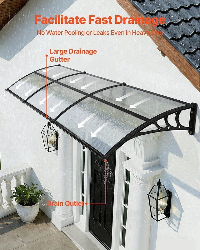Alt view image 2 of 8 - VEVOR Awnings for Door Entrance, 38 x 117 in, Exterior Front Door Window Awnings with Drainage & ABS Bracket, Rain Snow Sun Protection, Overhang Polycarbonate Door Canopy for Porch Patio, Clear