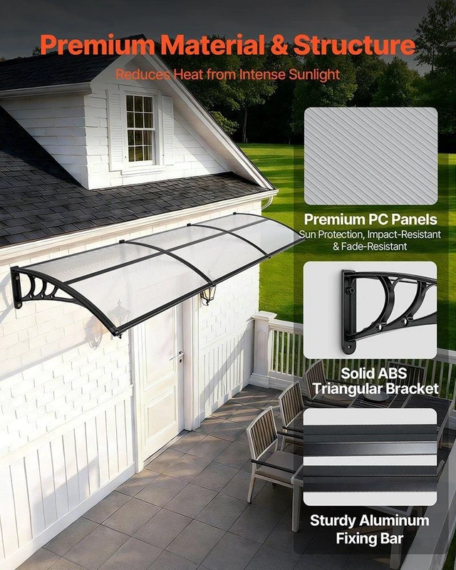 Alt view image 4 of 8 - VEVOR Awnings for Door Entrance, 38 x 117 in, Exterior Front Door Window Awnings with Drainage & ABS Bracket, Rain Snow Sun Protection, Overhang Polycarbonate Door Canopy for Porch Patio, Clear