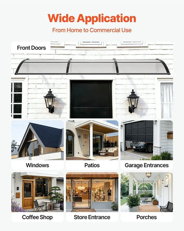 Alt view image 6 of 8 - VEVOR Awnings for Door Entrance, 38 x 117 in, Exterior Front Door Window Awnings with Drainage & ABS Bracket, Rain Snow Sun Protection, Overhang Polycarbonate Door Canopy for Porch Patio, Clear