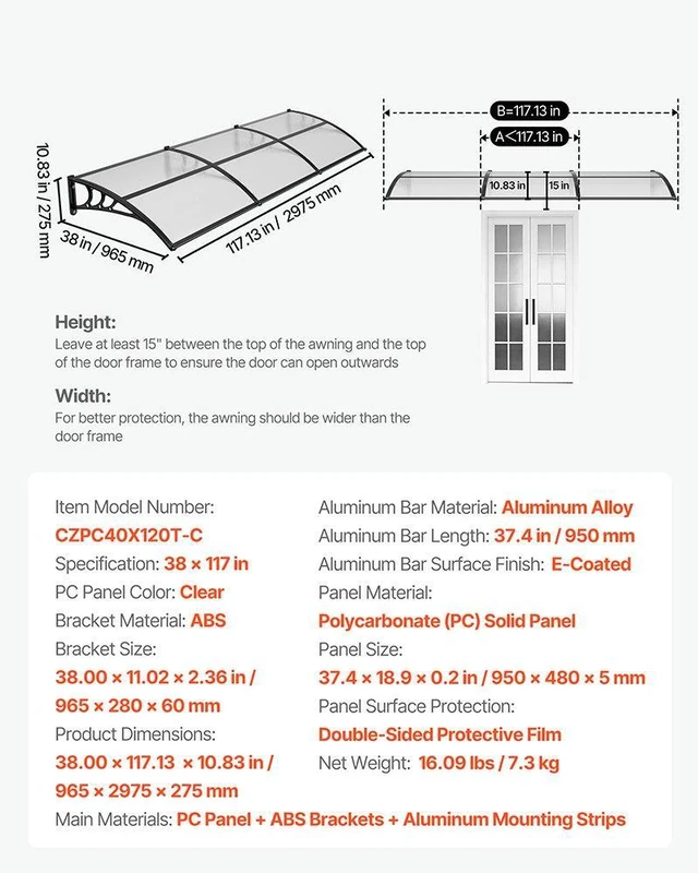 Alt view image 7 of 8 - VEVOR Awnings for Door Entrance, 38 x 117 in, Exterior Front Door Window Awnings with Drainage & ABS Bracket, Rain Snow Sun Protection, Overhang Polycarbonate Door Canopy for Porch Patio, Clear