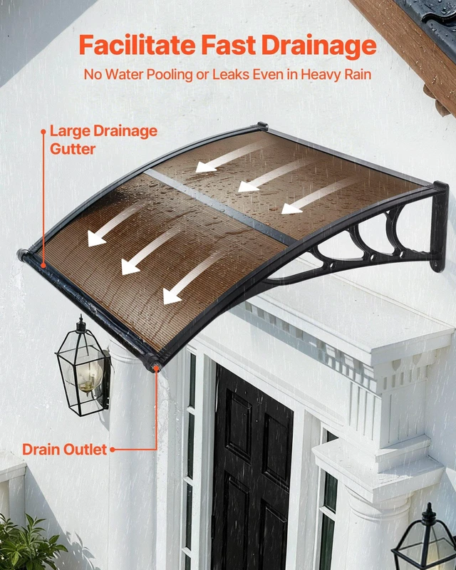 Alt view image 2 of 8 - VEVOR Awnings for Door Entrance, 38 x 40 in, Exterior Front Door Window Awnings with Drainage & ABS Bracket, Rain Snow Sun Protection, Overhang Polycarbonate Door Canopy for Porch Patio, Brown