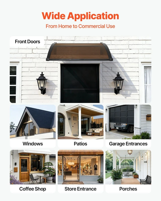 Alt view image 6 of 8 - VEVOR Awnings for Door Entrance, 38 x 40 in, Exterior Front Door Window Awnings with Drainage & ABS Bracket, Rain Snow Sun Protection, Overhang Polycarbonate Door Canopy for Porch Patio, Brown