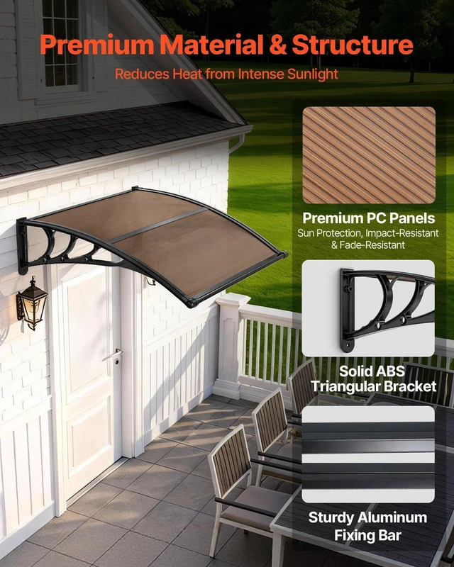 Alt view image 4 of 8 - VEVOR Awnings for Door Entrance, 38 x 40 in, Exterior Front Door Window Awnings with Drainage & ABS Bracket, Rain Snow Sun Protection, Overhang Polycarbonate Door Canopy for Porch Patio, Brown