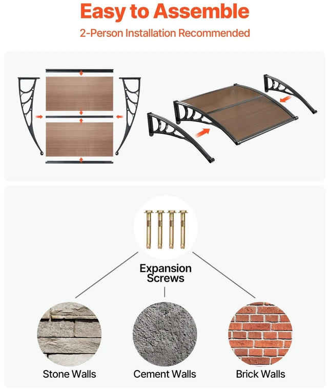 Alt view image 5 of 8 - VEVOR Awnings for Door Entrance, 38 x 40 in, Exterior Front Door Window Awnings with Drainage & ABS Bracket, Rain Snow Sun Protection, Overhang Polycarbonate Door Canopy for Porch Patio, Brown