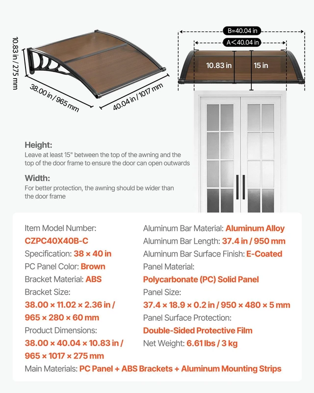 Alt view image 7 of 8 - VEVOR Awnings for Door Entrance, 38 x 40 in, Exterior Front Door Window Awnings with Drainage & ABS Bracket, Rain Snow Sun Protection, Overhang Polycarbonate Door Canopy for Porch Patio, Brown