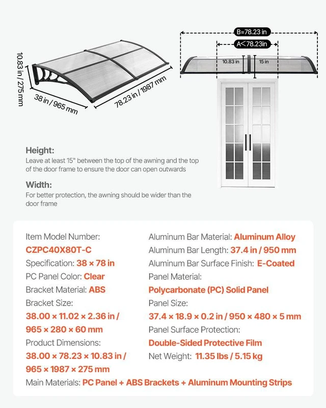 Alt view image 7 of 8 - VEVOR Awnings for Door Entrance, 38 x 78 in, Exterior Front Door Window Awnings with Drainage & ABS Bracket, Rain Snow Sun Protection, Overhang Polycarbonate Door Canopy for Porch Patio, Clear