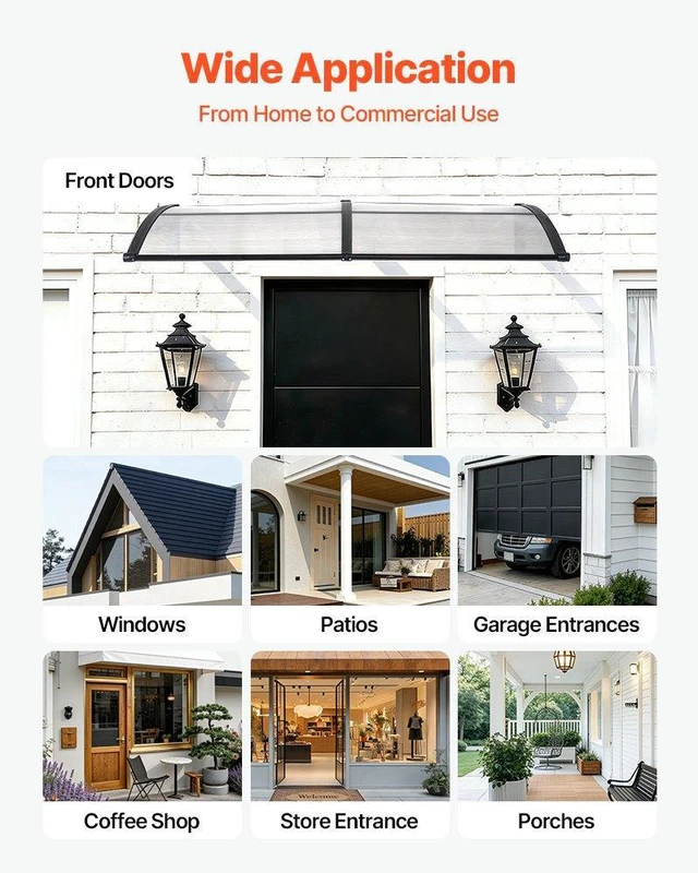 Alt view image 6 of 8 - VEVOR Awnings for Door Entrance, 38 x 78 in, Exterior Front Door Window Awnings with Drainage & ABS Bracket, Rain Snow Sun Protection, Overhang Polycarbonate Door Canopy for Porch Patio, Clear