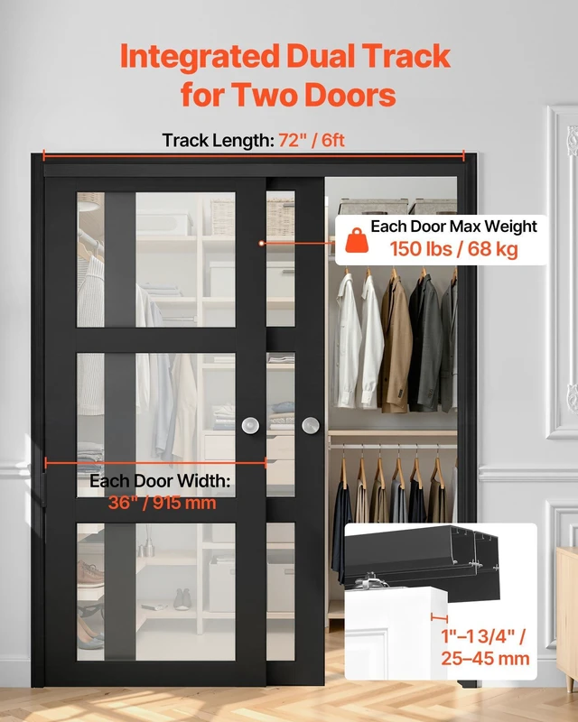 Alt view image 2 of 8 - VEVOR Bypass Sliding Door Hardware Kit, 6 ft Aluminum Alloy Dual-Track Bypass Door Hardware, Smooth and Quiet Sliding, Easy to Install, for 1" to 1 3/4" Thickness 36" Width 2 Door System, for Closet