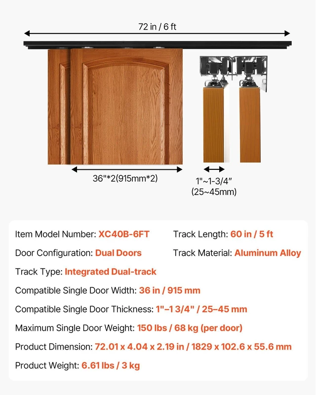 Alt view image 7 of 8 - VEVOR Bypass Sliding Door Hardware Kit, 6 ft Aluminum Alloy Dual-Track Bypass Door Hardware, Smooth and Quiet Sliding, Easy to Install, for 1" to 1 3/4" Thickness 36" Width 2 Door System, for Closet