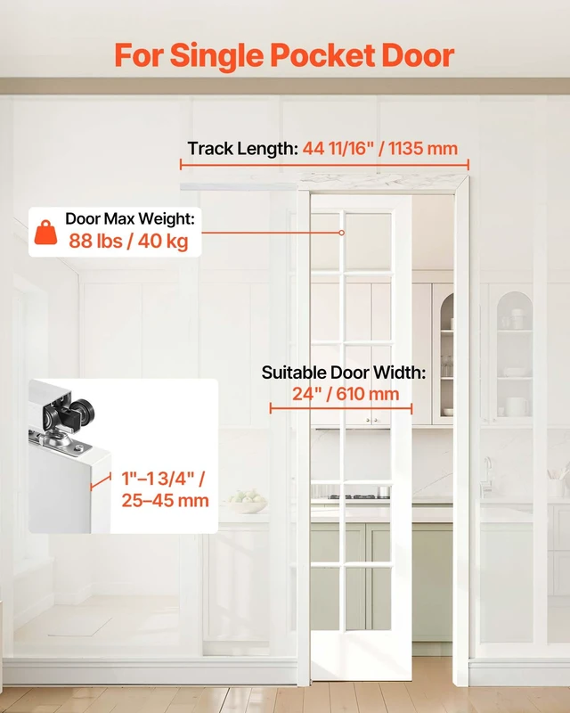 Alt view image 2 of 8 - VEVOR Sliding Pocket Door Hardware Track Kit, 44.69" Pocket Door Track Kit with Soft Close Mechanism for Smooth and Quiet Sliding, Easy to Install, for 1" to 1 3/4" Thickness 24" Width Single Door