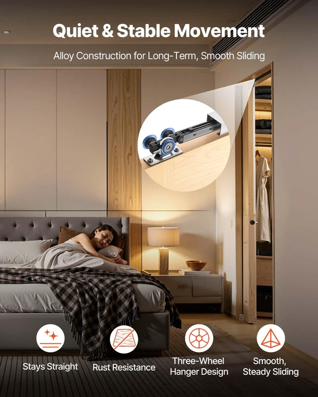 Alt view image 4 of 8 - VEVOR Sliding Pocket Door Hardware Track Kit, 44.69" Pocket Door Track Kit with Soft Close Mechanism for Smooth and Quiet Sliding, Easy to Install, for 1" to 1 3/4" Thickness 24" Width Single Door