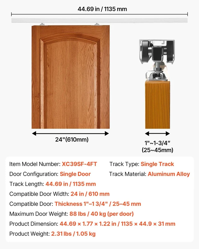 Alt view image 7 of 8 - VEVOR Sliding Pocket Door Hardware Track Kit, 44.69" Pocket Door Track Kit with Soft Close Mechanism for Smooth and Quiet Sliding, Easy to Install, for 1" to 1 3/4" Thickness 24" Width Single Door