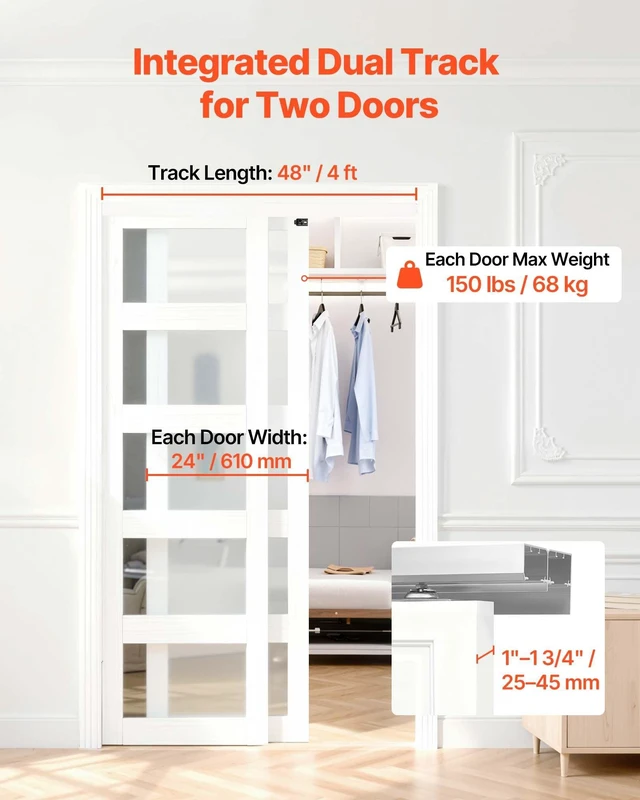 Alt view image 2 of 8 - VEVOR Bypass Sliding Door Hardware Kit, 4 ft Aluminum Alloy Dual-Track Bypass Door Hardware, Smooth and Quiet Sliding, Easy to Install, for 1" to 1 3/4" Thickness 24" Width 2 Door System, for Closet