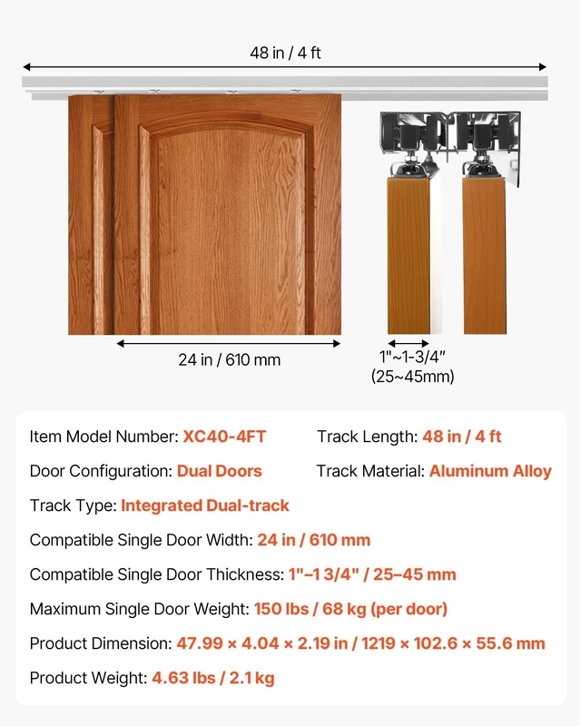 Alt view image 7 of 8 - VEVOR Bypass Sliding Door Hardware Kit, 4 ft Aluminum Alloy Dual-Track Bypass Door Hardware, Smooth and Quiet Sliding, Easy to Install, for 1" to 1 3/4" Thickness 24" Width 2 Door System, for Closet