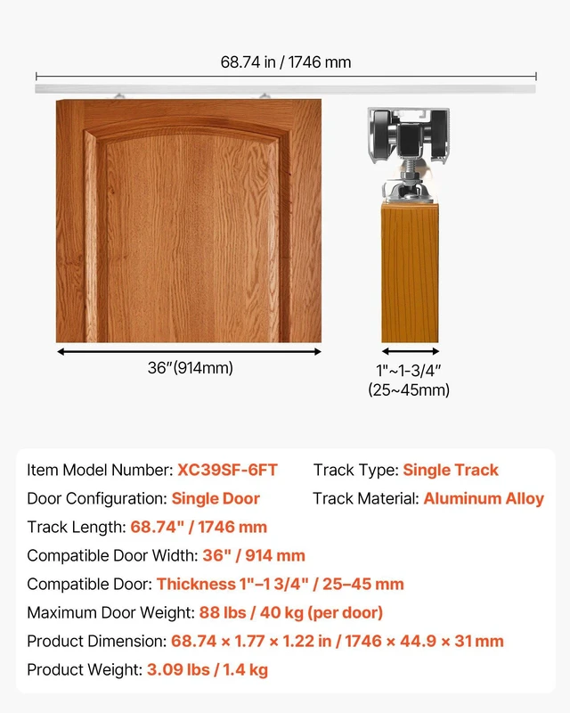 Alt view image 7 of 8 - VEVOR Sliding Pocket Door Hardware Track Kit, 68.74" Pocket Door Track Kit with Soft Close Mechanism for Smooth and Quiet Sliding, Easy to Install, for 1" to 1 3/4" Thickness 36" Width Single Door