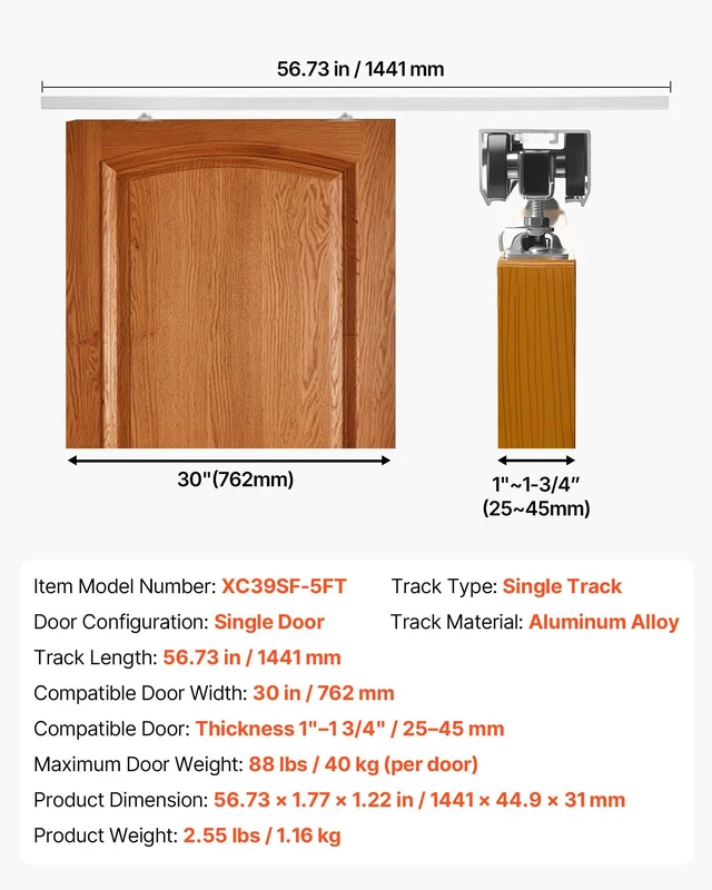 Alt view image 7 of 8 - VEVOR Sliding Pocket Door Hardware Track Kit, 56.73" Pocket Door Track Kit with Soft Close Mechanism for Smooth and Quiet Sliding, Easy to Install, for 1" to 1 3/4" Thickness 30" Width Single Door