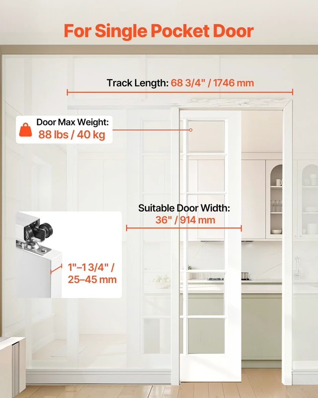 Alt view image 2 of 8 - VEVOR Sliding Pocket Door Hardware Track Kit, 68.74" Pocket Door Track Kit with Soft Close Mechanism for Smooth and Quiet Sliding, Easy to Install, for 1" to 1 3/4" Thickness 36" Width Single Door
