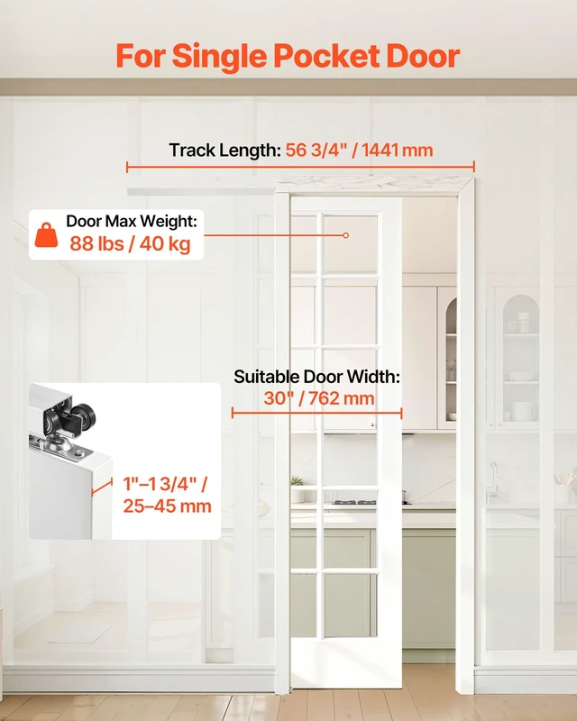 Alt view image 2 of 8 - VEVOR Sliding Pocket Door Hardware Track Kit, 56.73" Pocket Door Track Kit with Soft Close Mechanism for Smooth and Quiet Sliding, Easy to Install, for 1" to 1 3/4" Thickness 30" Width Single Door